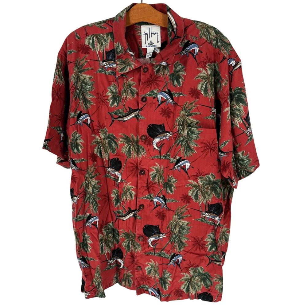 GUY HARVEY Men’s Classic Hawaiian Style Button Up Shirt Swordfish, Size Large
